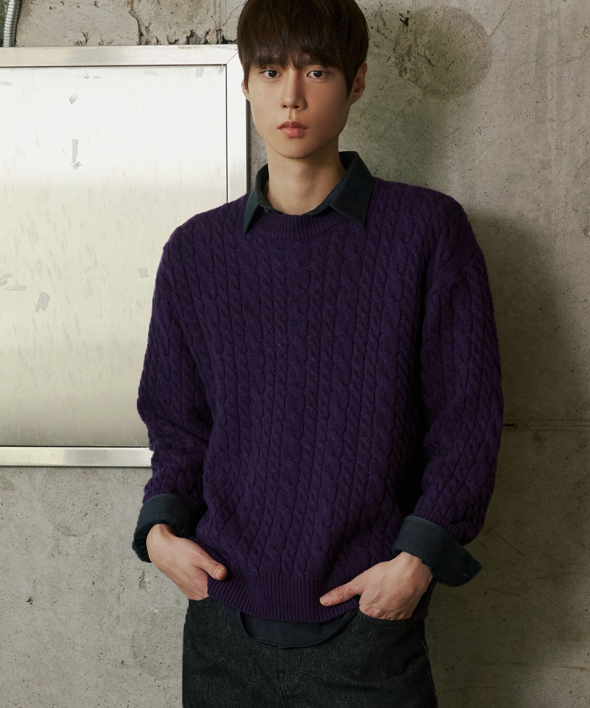 노드유(NODU) 램스울 케이블 더블 라운드 니트 퍼플