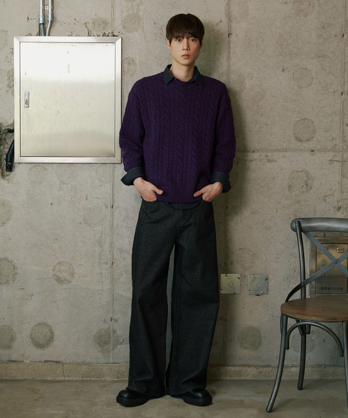 노드유(NODU) 램스울 케이블 더블 라운드 니트 퍼플