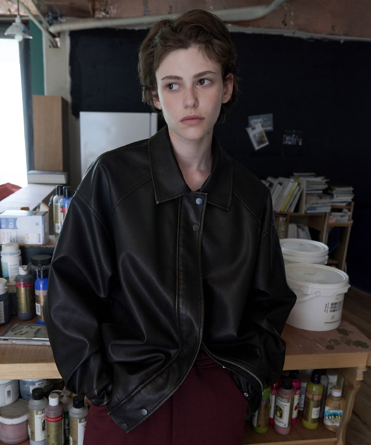 토아베(TOAVE) Garment Washed Leather Jacket (Dark brown)