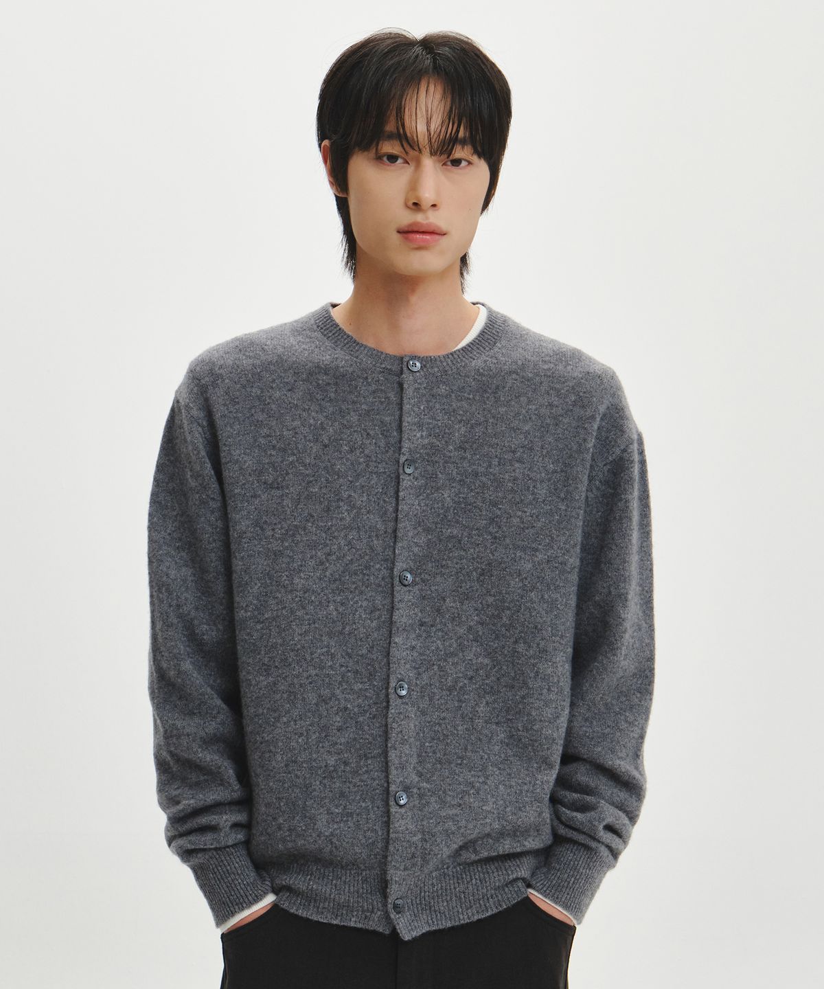 이코르(ECORR) 메리노 울100 베이직 가디건_그레이