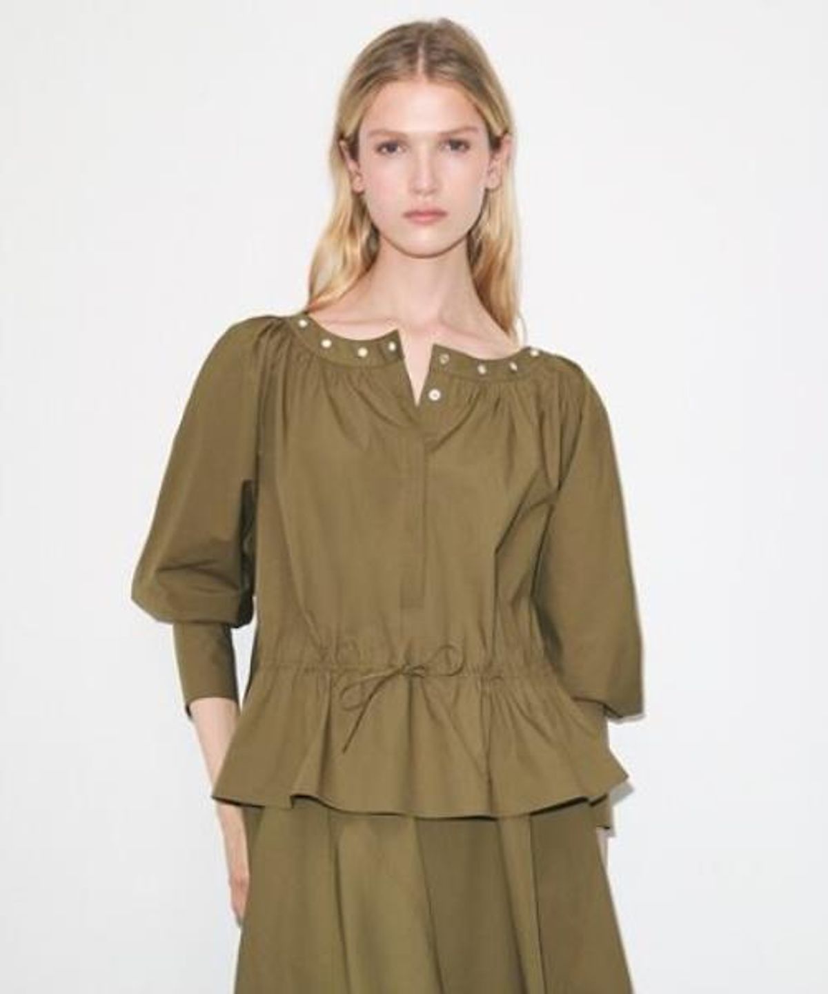토리버치(TORYBURCH) 씬치드 코튼 포플린 탑 - 올리브
