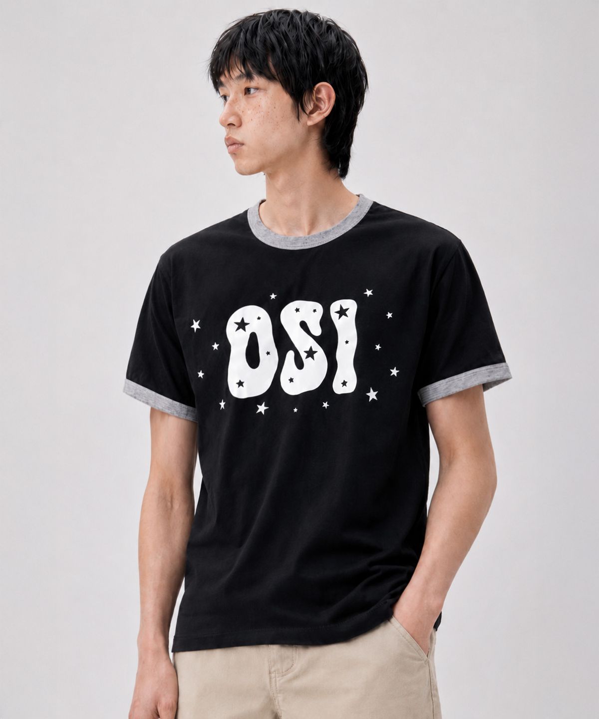 오에스아이(OSI) 세미 머슬핏 링거 티셔츠 스타로고 블랙