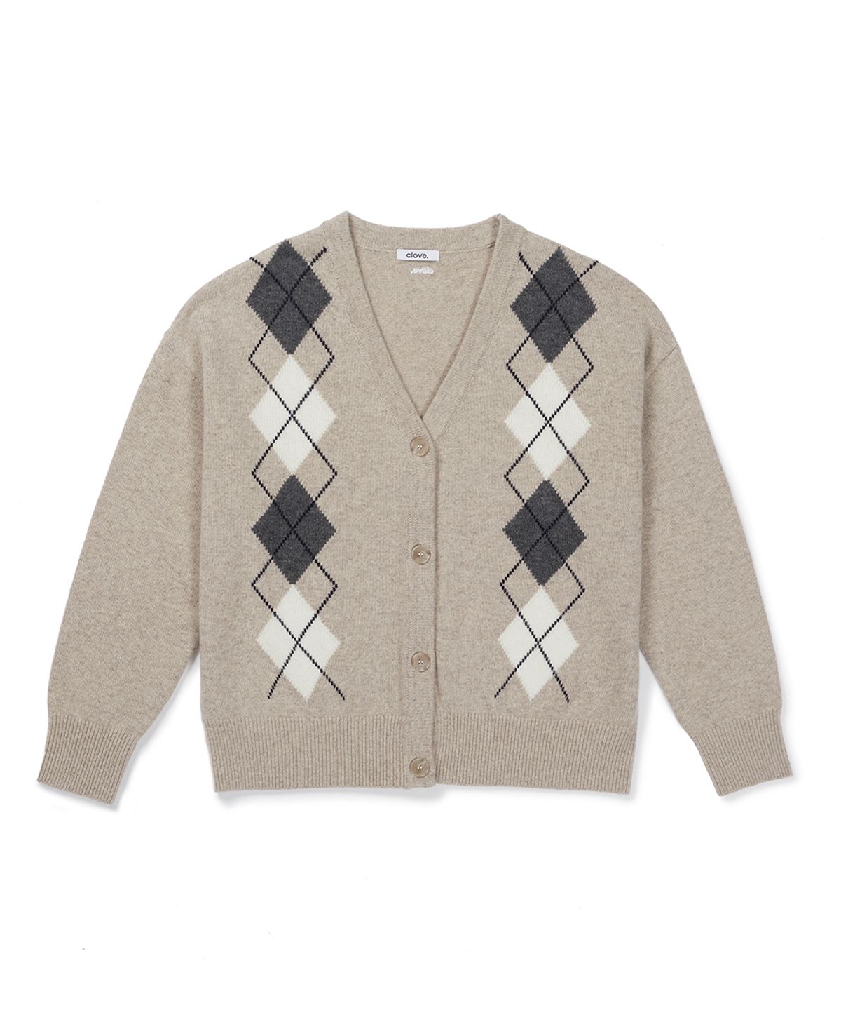 클로브(CLOVE) [26FW clove] Argyle V-Neck Cardigan (Oatmeal)