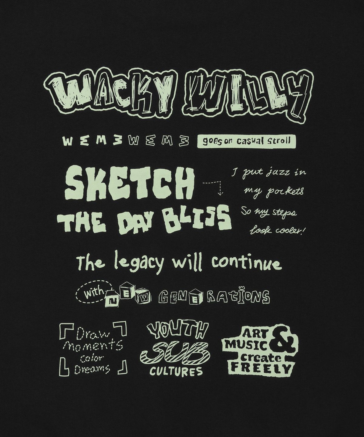 와키윌리(WACKY WILLY) 백 프린팅 스케치 레터링 맨투맨 블랙