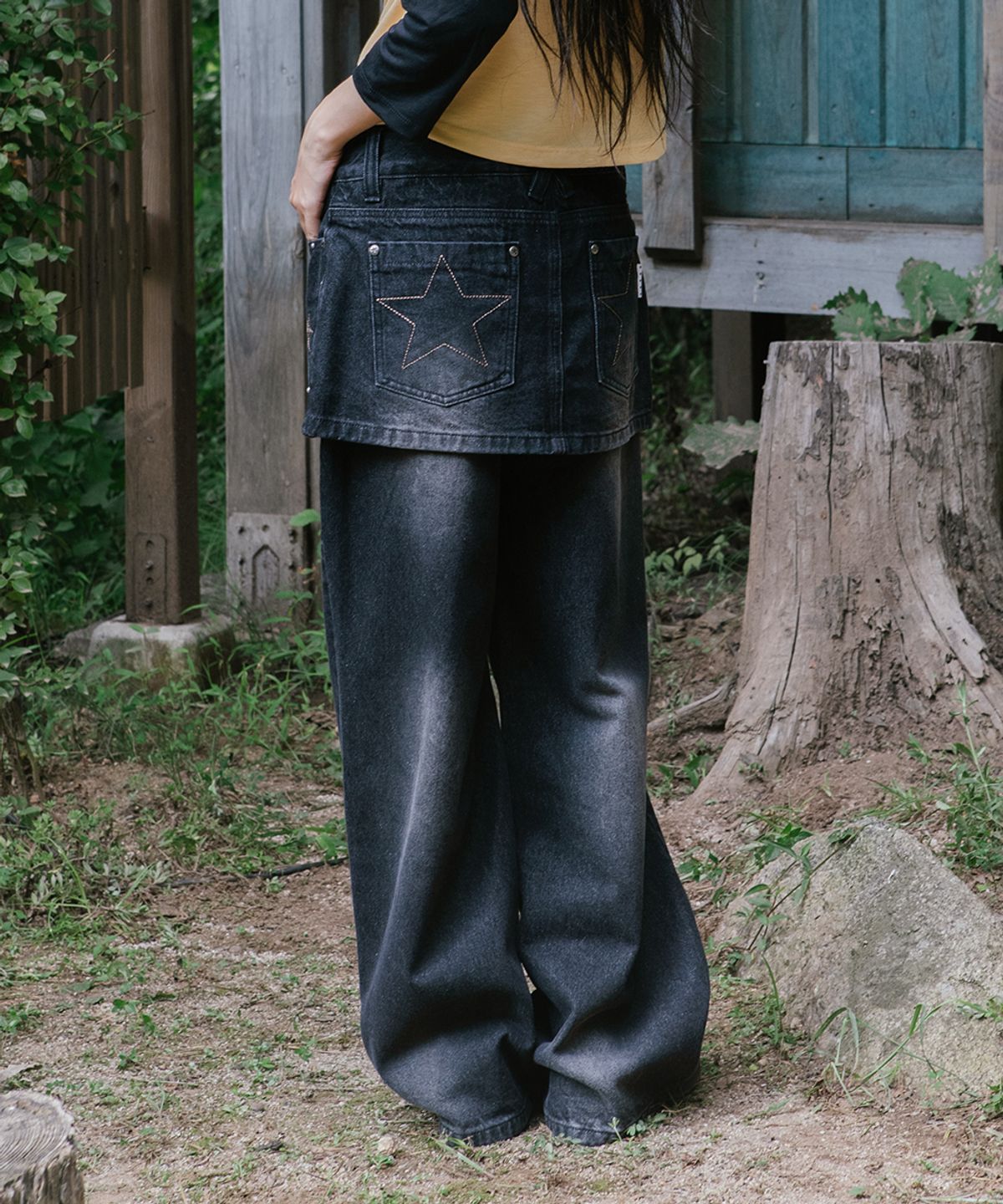 카비시(CAVISH) W STAR APPLIQUE LAYERED SKIRT DENIM PANTS BLACK(CV2GFFD111A)