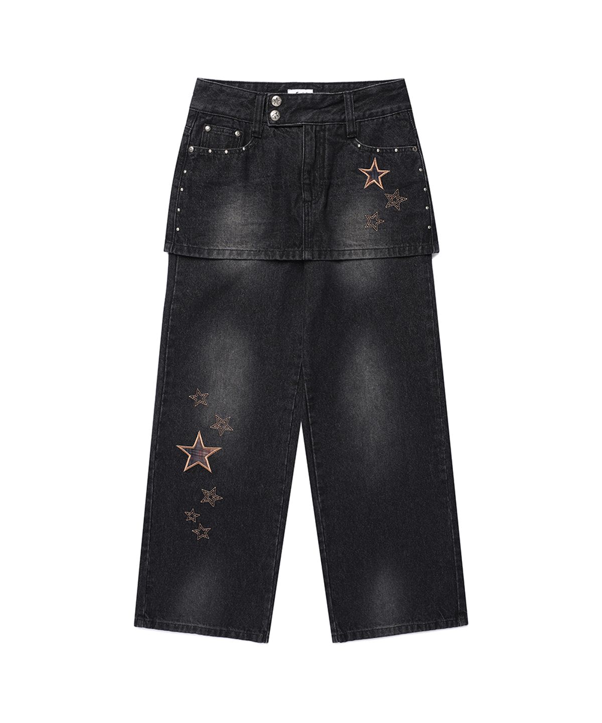 카비시(CAVISH) W STAR APPLIQUE LAYERED SKIRT DENIM PANTS BLACK(CV2GFFD111A)
