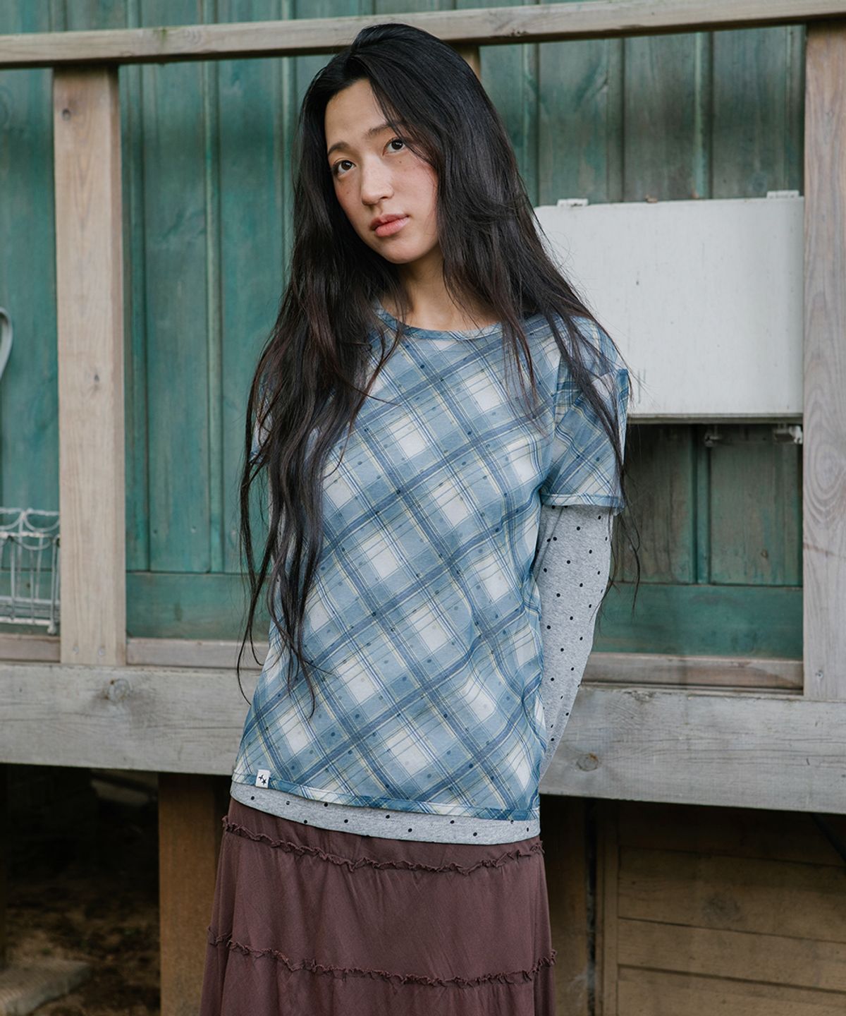 카비시(CAVISH) SHEER CHECK LAYERED LS TEE BLUE(CV2GFFT557A)