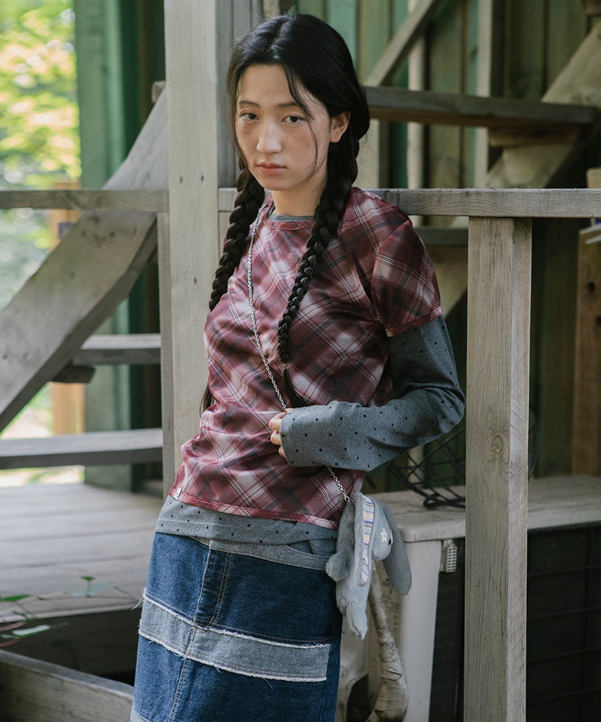 카비시(CAVISH) SHEER CHECK LAYERED LS TEE BURGUNDY(CV2GFFT557A)
