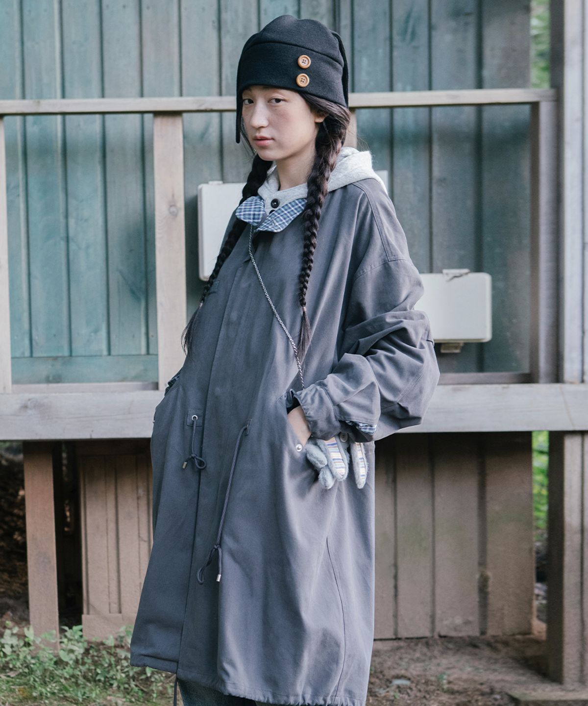 카비시(CAVISH) CHECK HOODED FISHTAIL JACKET CHARCOAL(CV2GFFB960A)