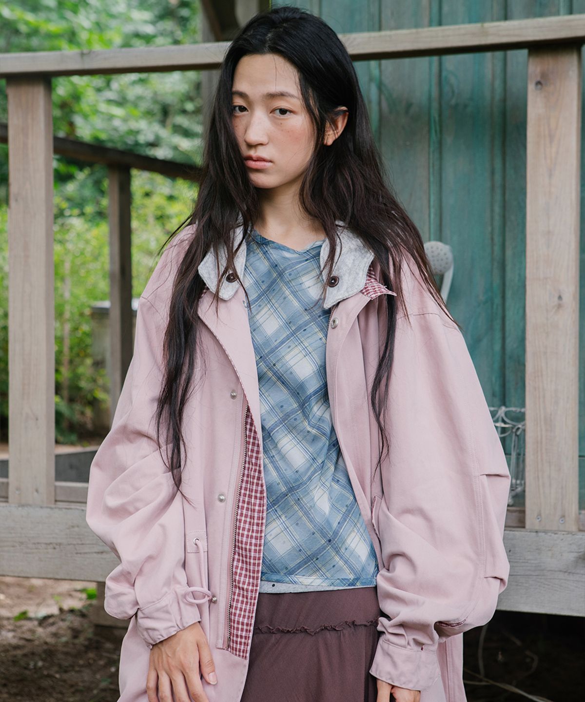 카비시(CAVISH) CHECK HOODED FISHTAIL JACKET PINK(CV2GFFB960A)