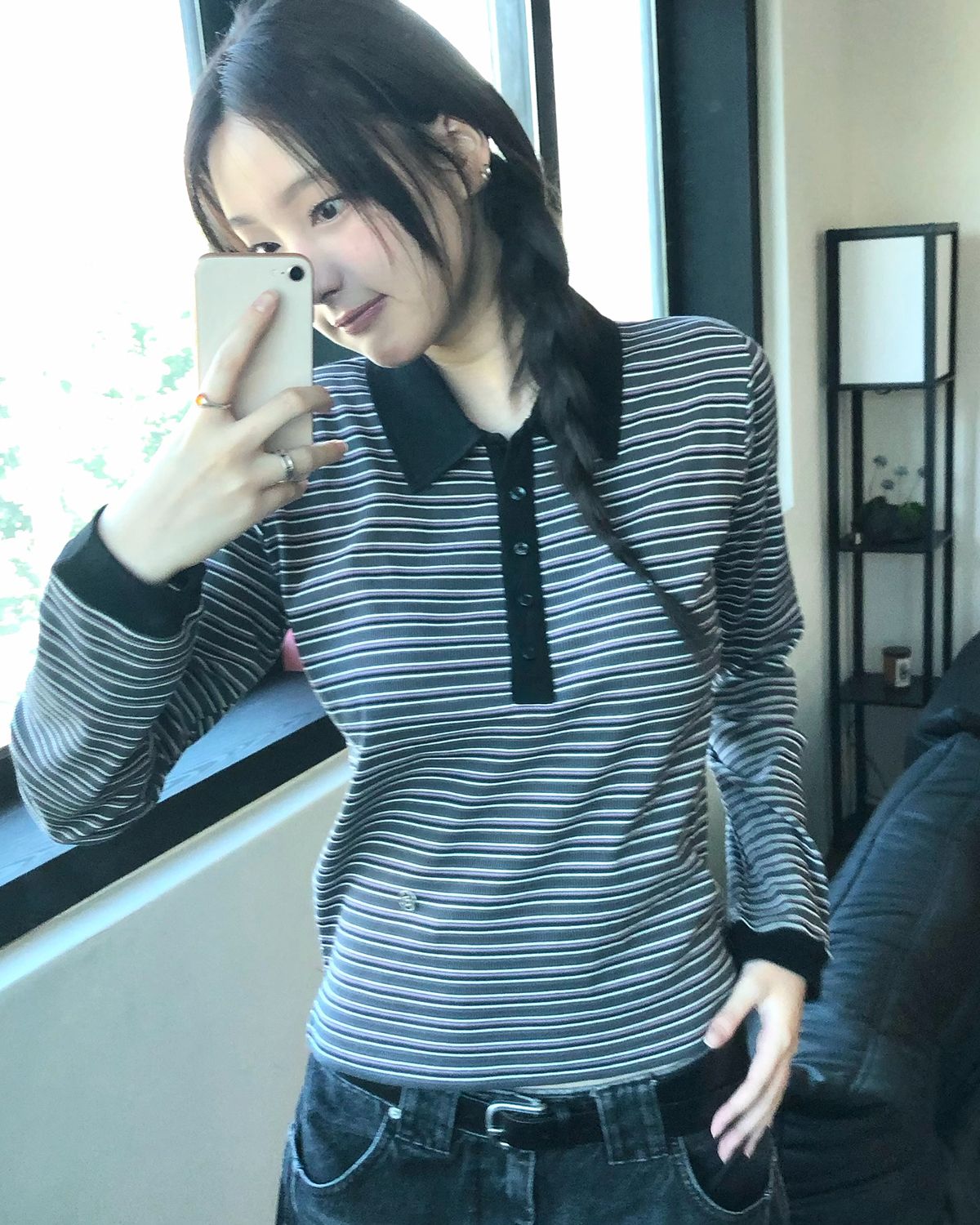 해비즘(HAVISM) RIB STRIPE COLLAR L/S TEE(CHARCOAL)