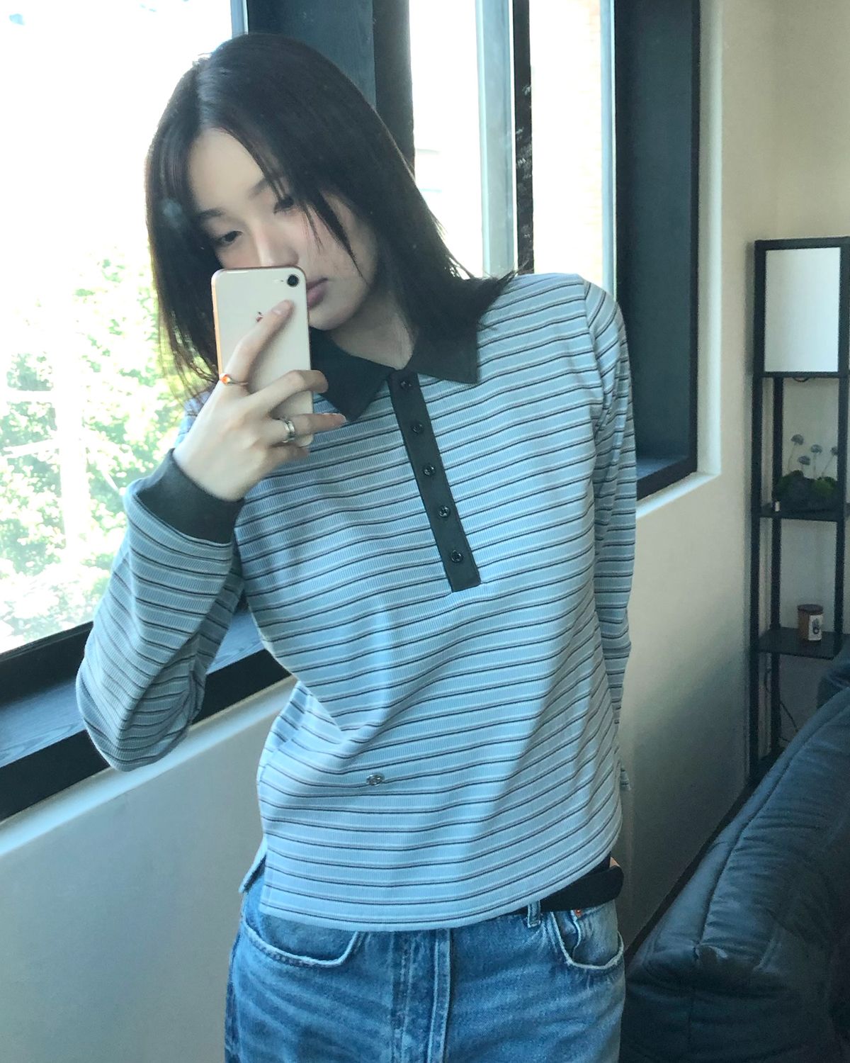 해비즘(HAVISM) RIB STRIPE COLLAR L/S TEE(SKY BLUE)