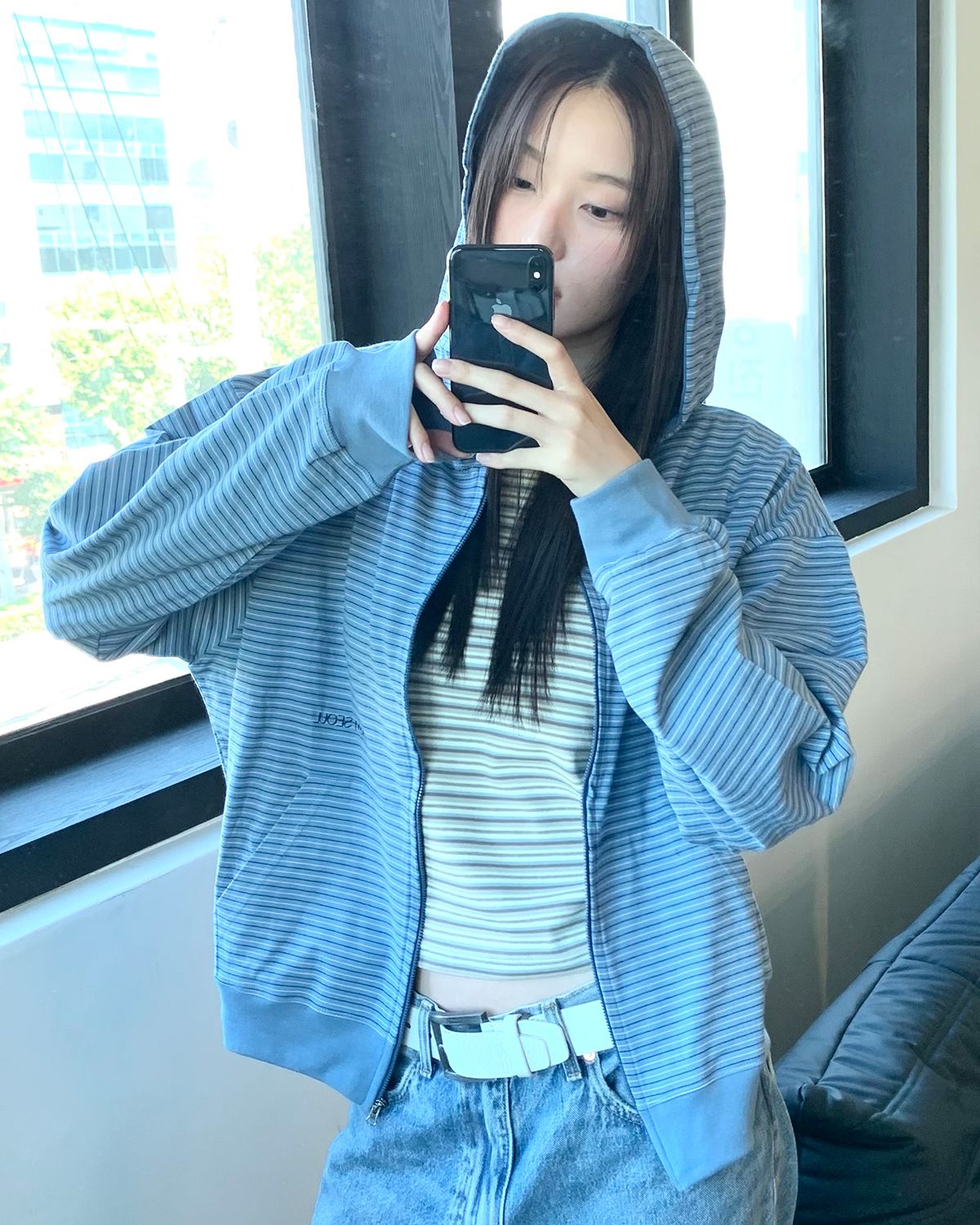 해비즘(HAVISM) HVSM STRIPE THIN ZIP UP HOOD(SKY BLUE)