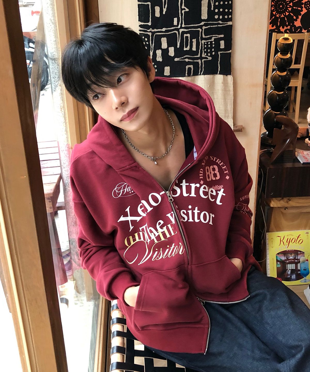 후드후드(HOODHOOD) Xeno Street 레터링 후드 집업 버건디