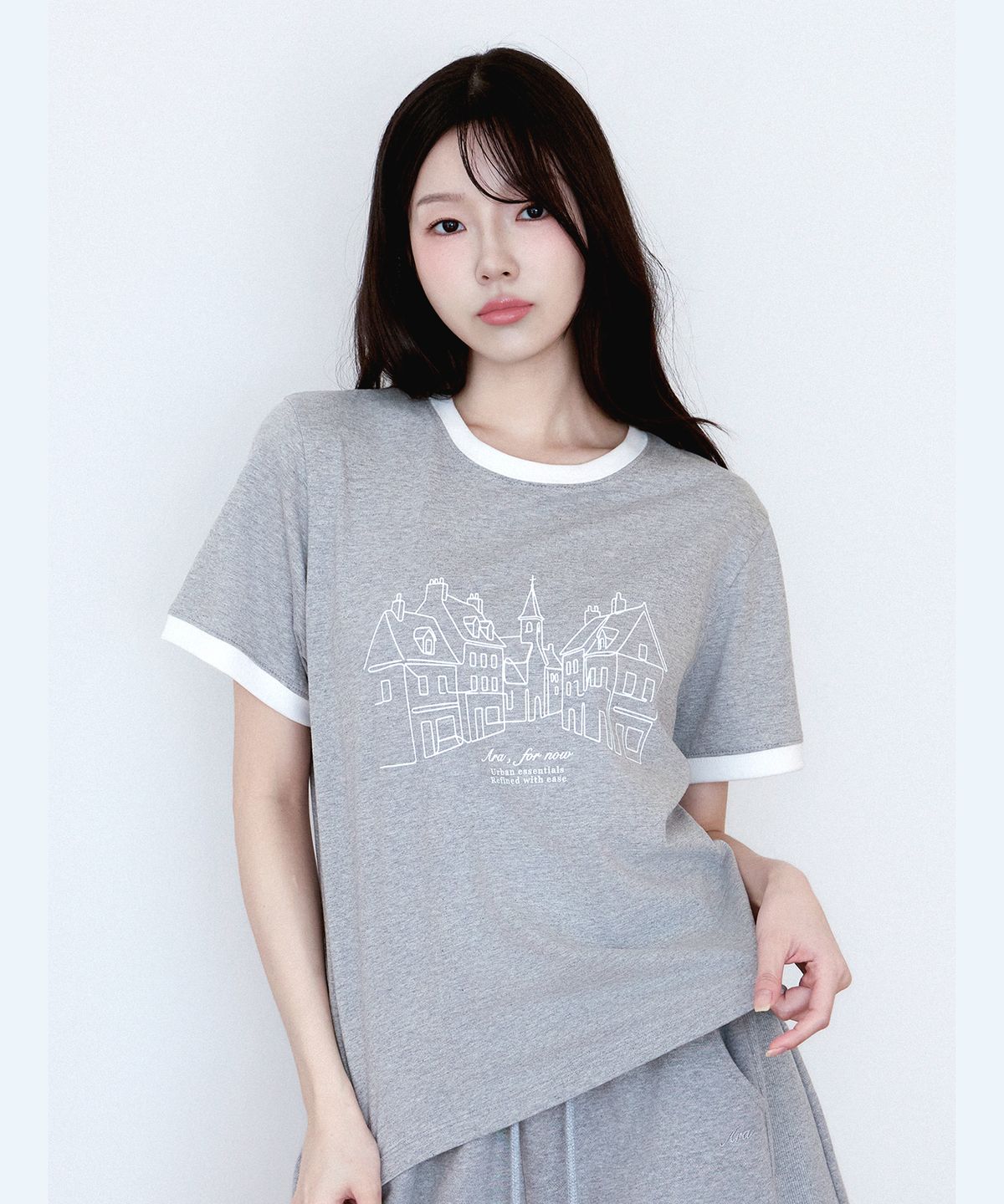 샵아라(SHOP,ARA) 아라 칼라 블럭 배색 프린트 티셔츠_그레이