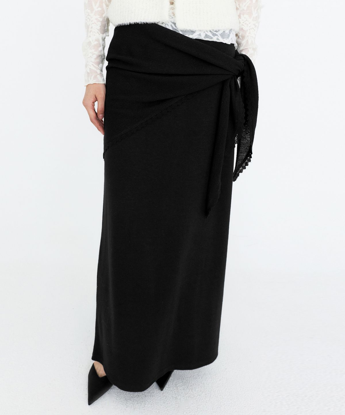 몽돌(MONGDOL) [SET] 울 블렌드 스카프 레이어드 롱 스커트 블랙 MDSK041BLACK