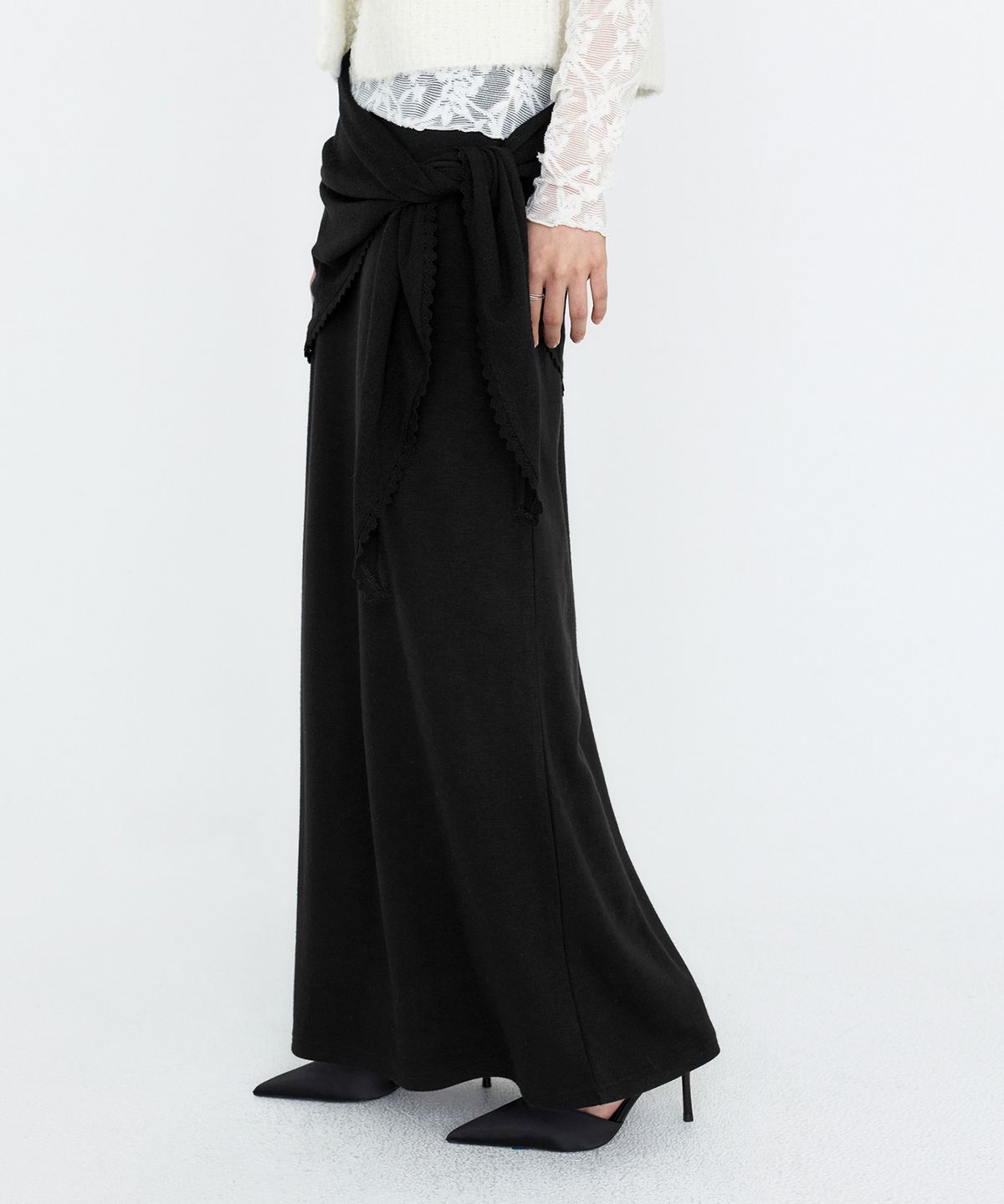 몽돌(MONGDOL) [SET] 울 블렌드 스카프 레이어드 롱 스커트 블랙 MDSK041BLACK