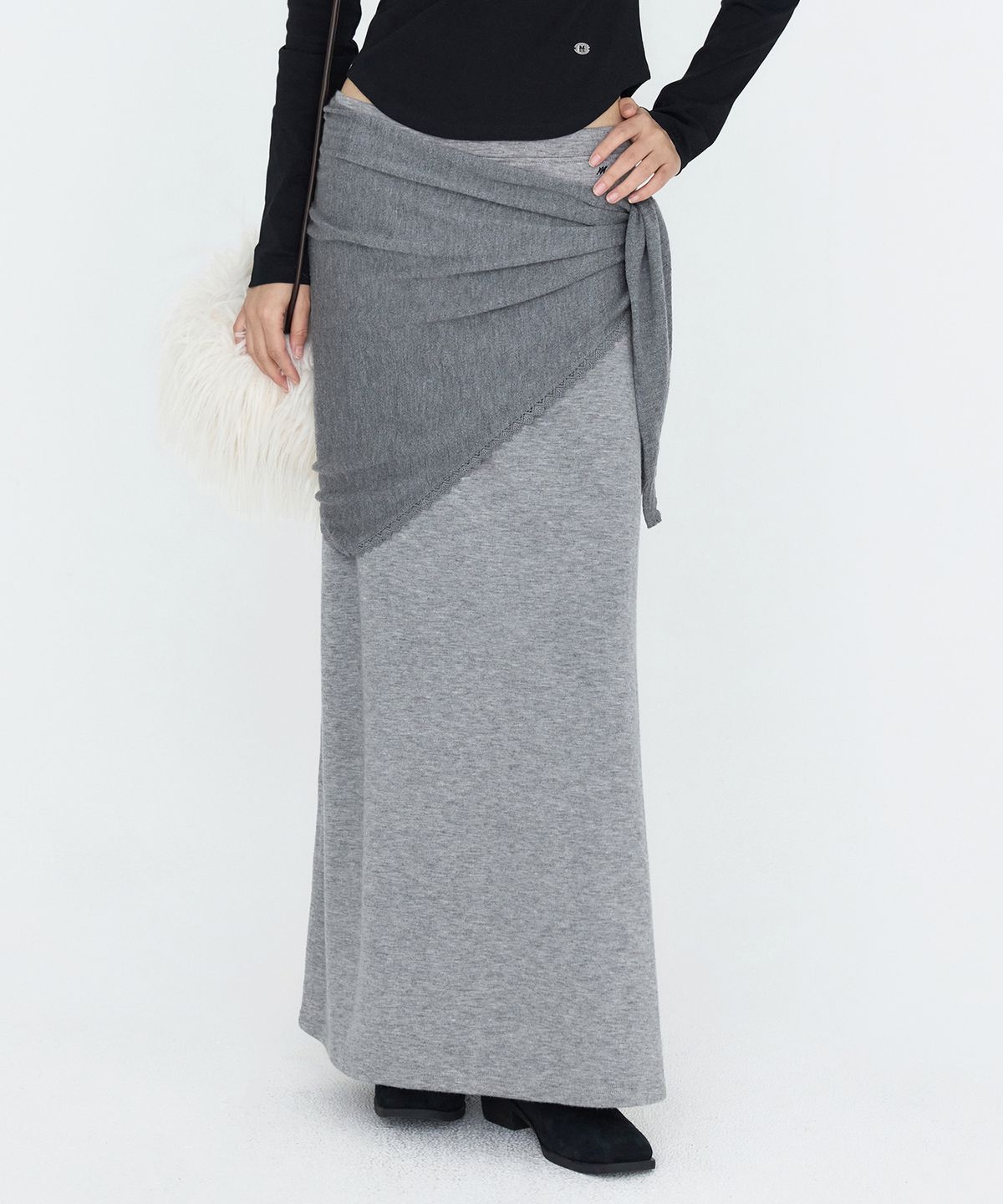 몽돌(MONGDOL) [SET] 울 블렌드 스카프 레이어드 롱 스커트 그레이 MDSK041GRAY