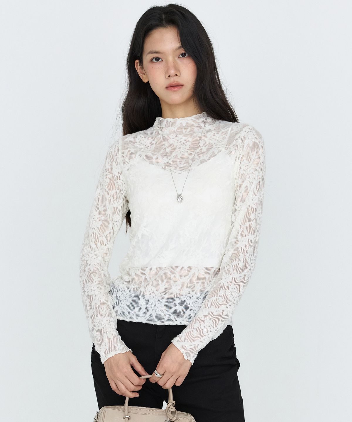 몽돌(MONGDOL) 레이스 텍스쳐 시스루 티셔츠 아이보리 MDTS115IVORY