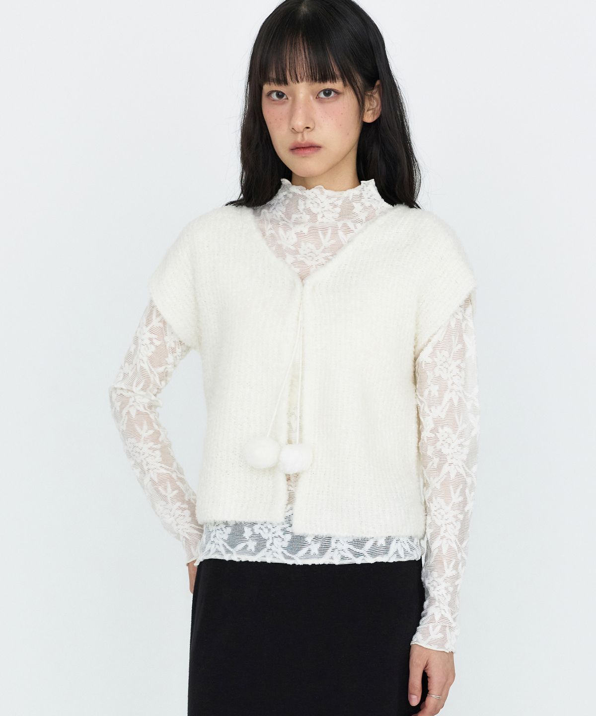 몽돌(MONGDOL) 레이스 텍스쳐 시스루 티셔츠 아이보리 MDTS115IVORY