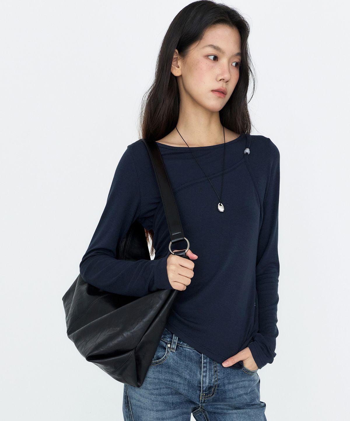 몽돌(MONGDOL) [SET] 원숄더 슬리브리스 레이어드 티셔츠 네이비 MDTS107NAVY