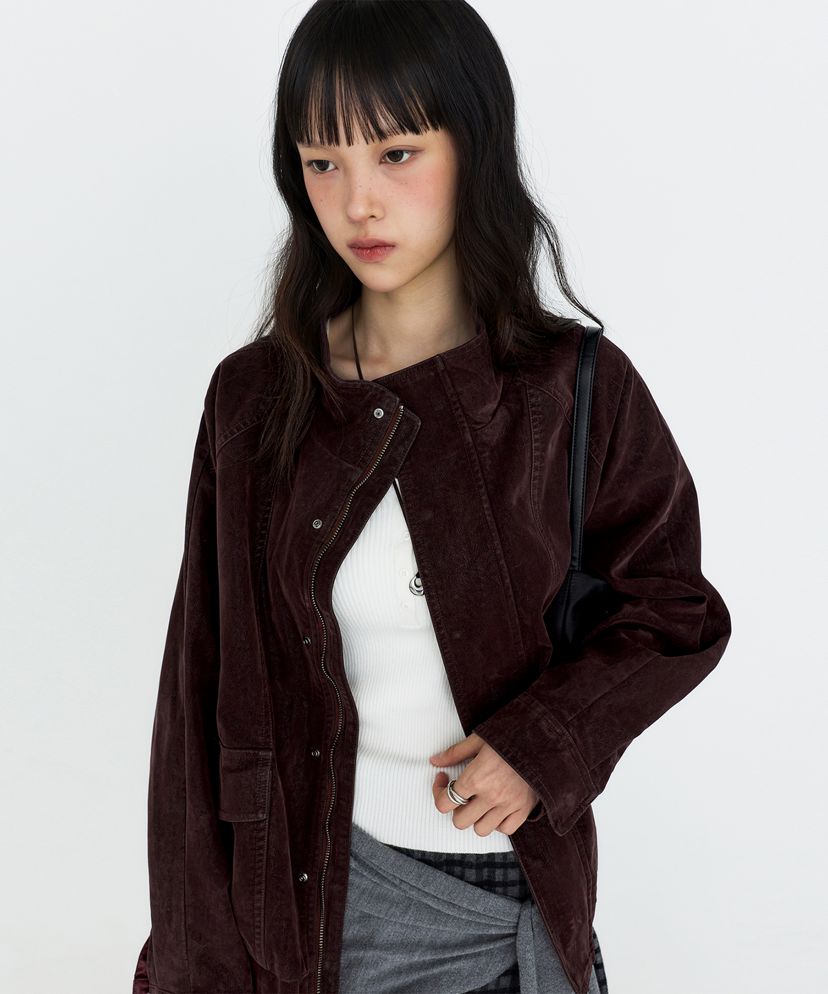 몽돌(MONGDOL) 하이넥 워싱 레더 블루종 자켓 버건디 MDJK051BURGUNDY