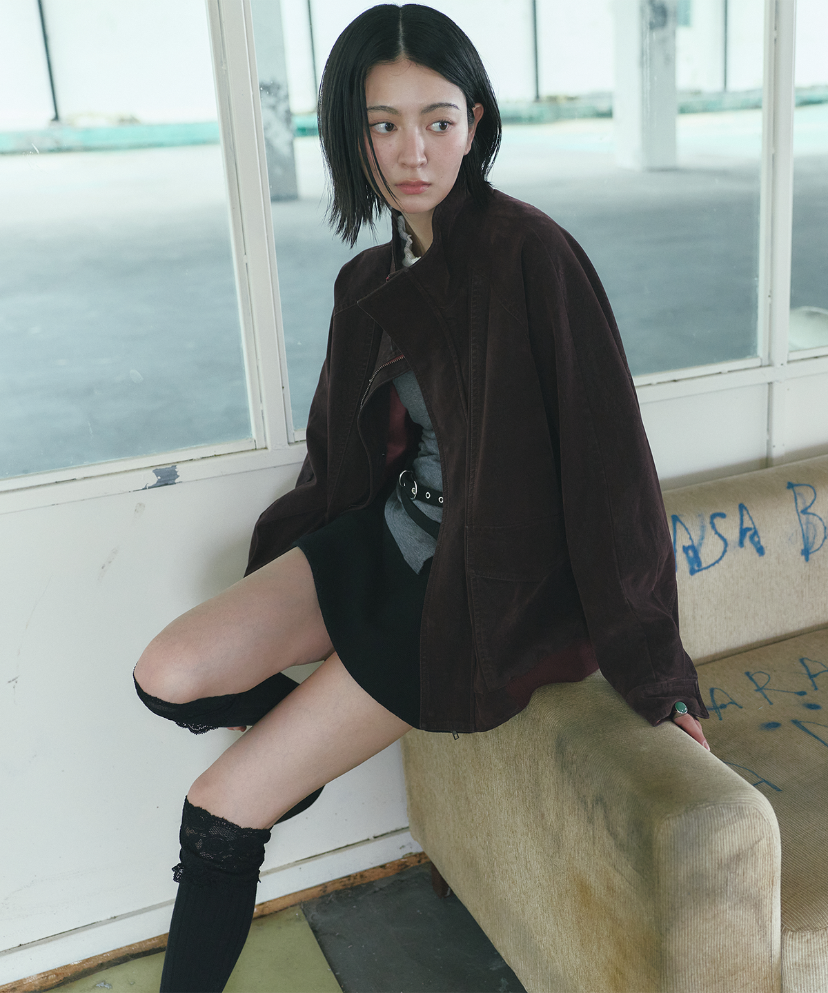 몽돌(MONGDOL) 하이넥 워싱 레더 블루종 자켓 버건디 MDJK051BURGUNDY
