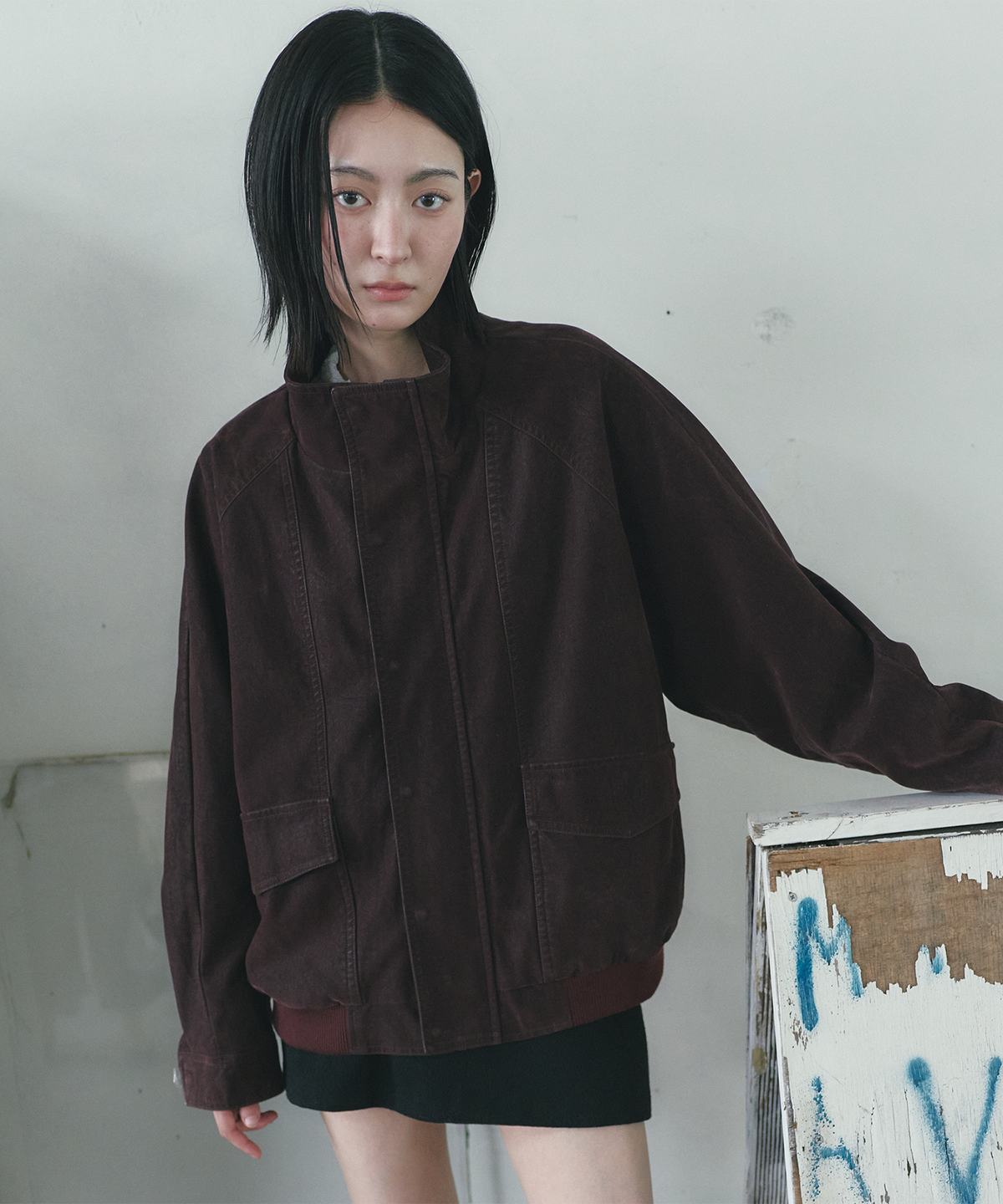 몽돌(MONGDOL) 하이넥 워싱 레더 블루종 자켓 버건디 MDJK051BURGUNDY