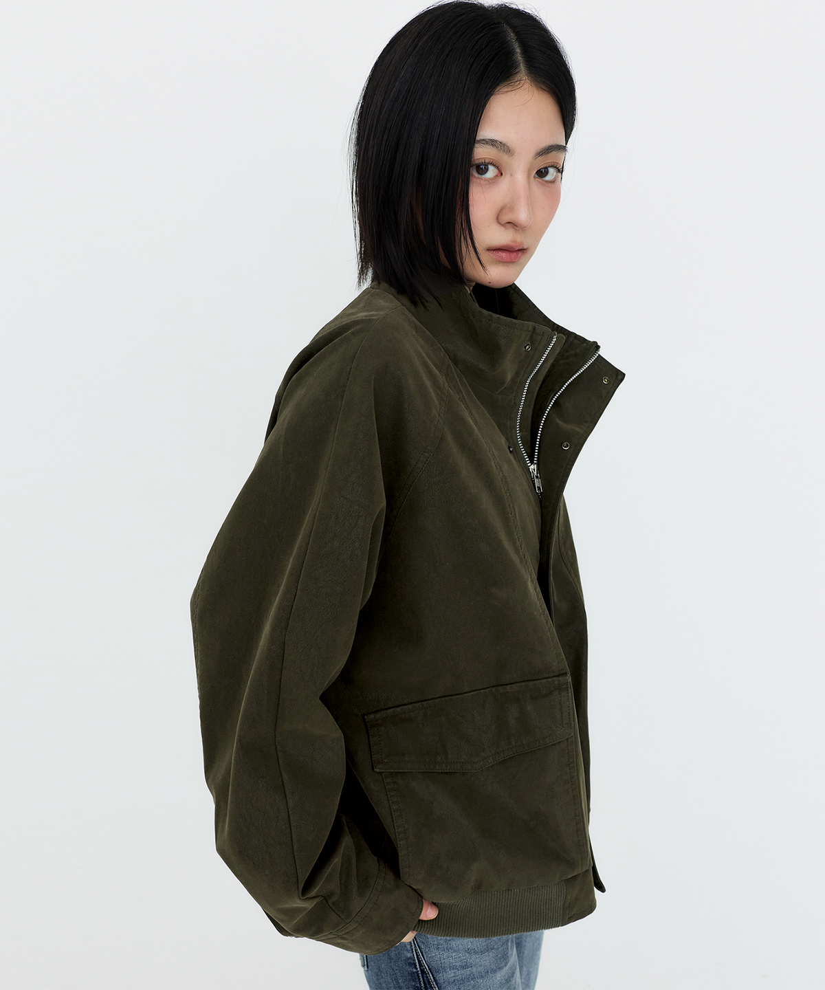 몽돌(MONGDOL) 하이넥 워싱 레더 블루종 자켓 카키 MDJK051KHAKI