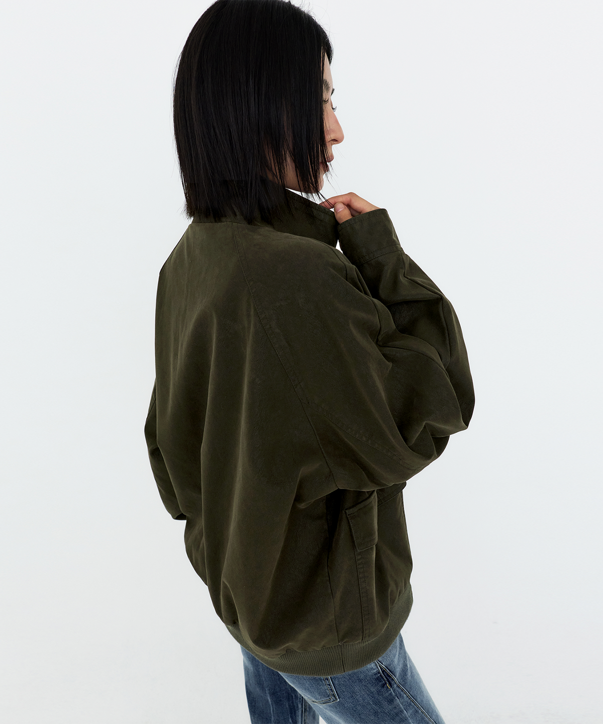 몽돌(MONGDOL) 하이넥 워싱 레더 블루종 자켓 카키 MDJK051KHAKI