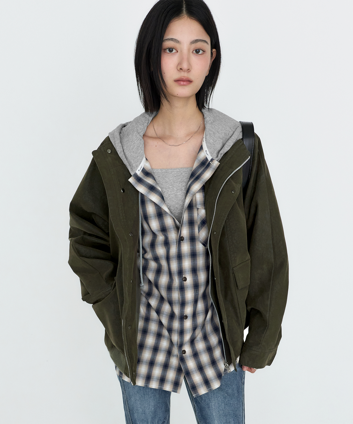 몽돌(MONGDOL) 하이넥 워싱 레더 블루종 자켓 카키 MDJK051KHAKI