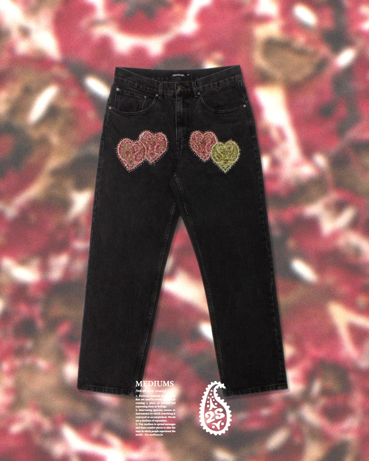 미디엄스(MEDIUMS) [MEDIUMS x TWO STANDARD] Distressed Sashiko Patch Denim Pants (미디엄스 x 투스탠다드 디스트레스 사시코 패치 데님 팬츠