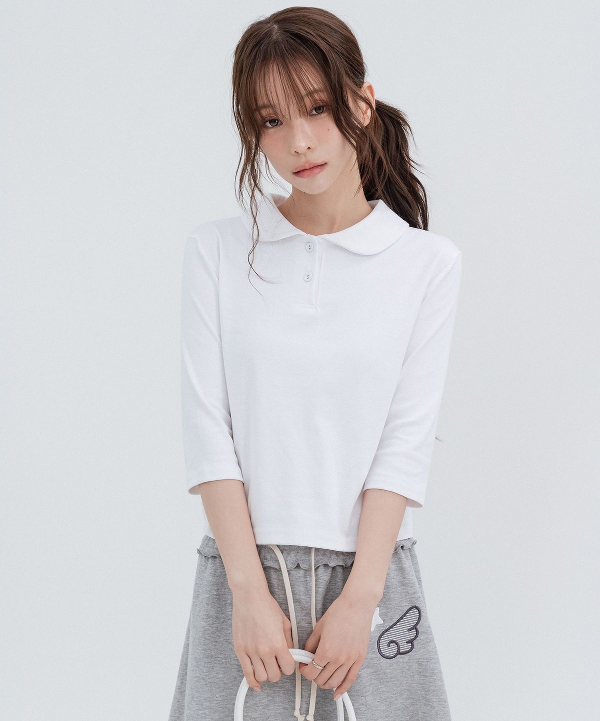 하이스쿨디스코(HIGH SCHOOL DISCO) 라운드 카라 3/4 슬리브_화이트