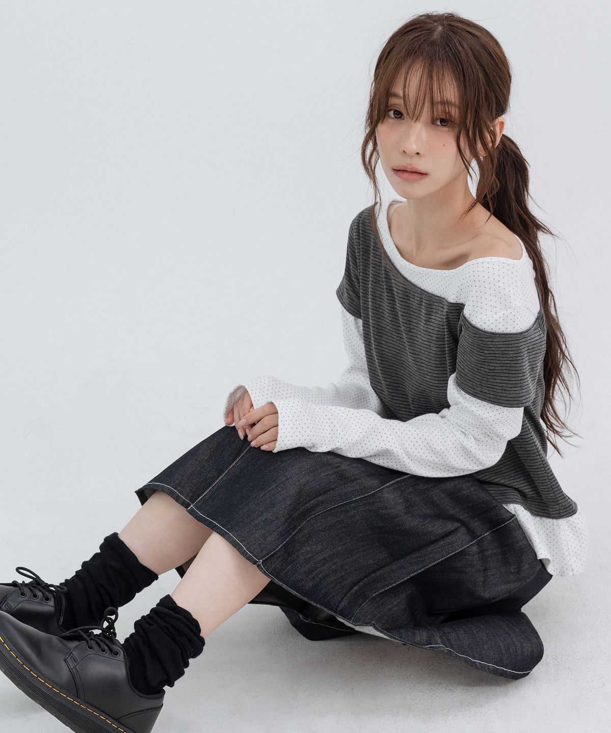 하이스쿨디스코(HIGH SCHOOL DISCO) 레이어드 러플 롱슬리브_차콜
