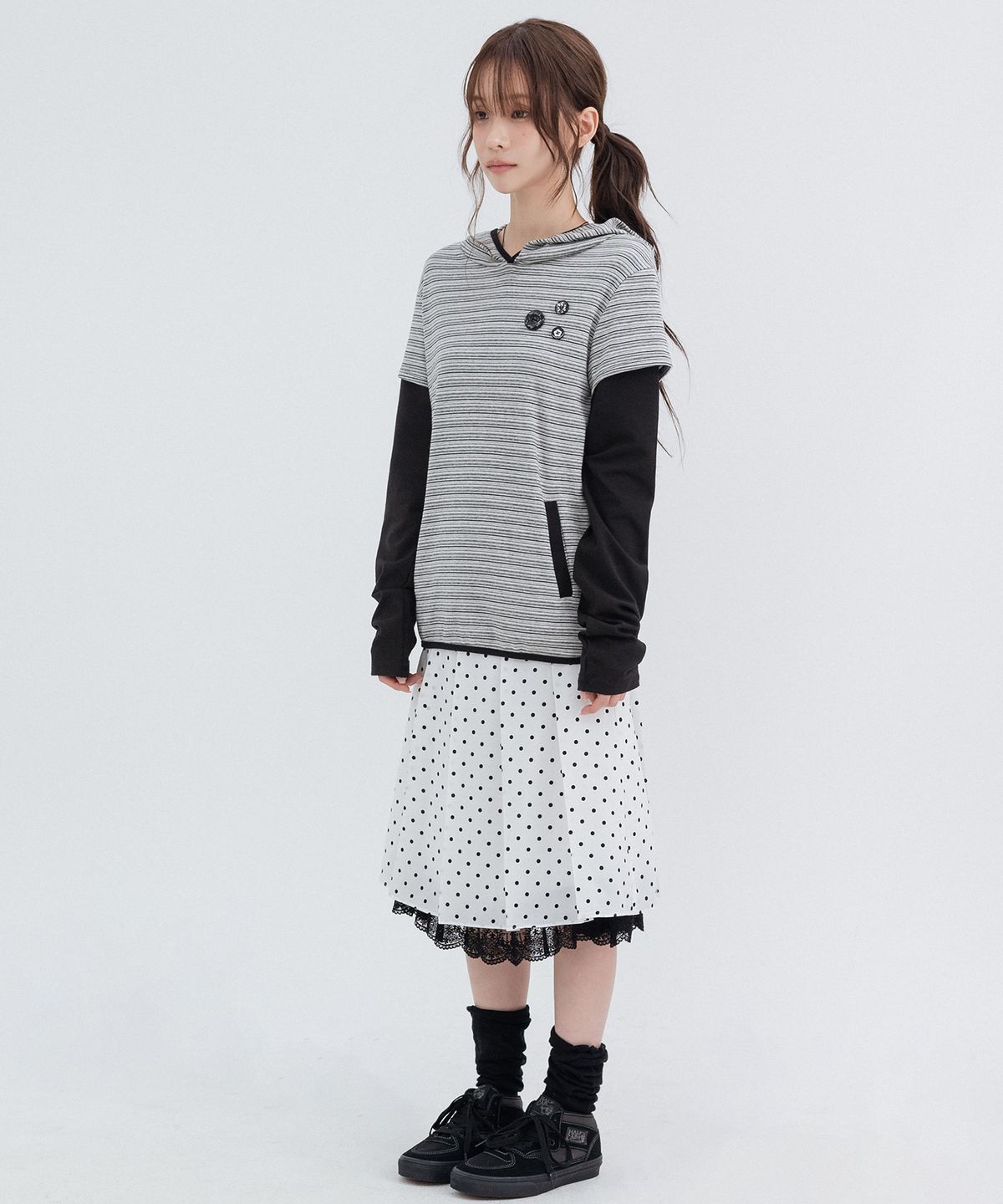 하이스쿨디스코(HIGH SCHOOL DISCO) 후드 레이어드 롱슬리브_그레이