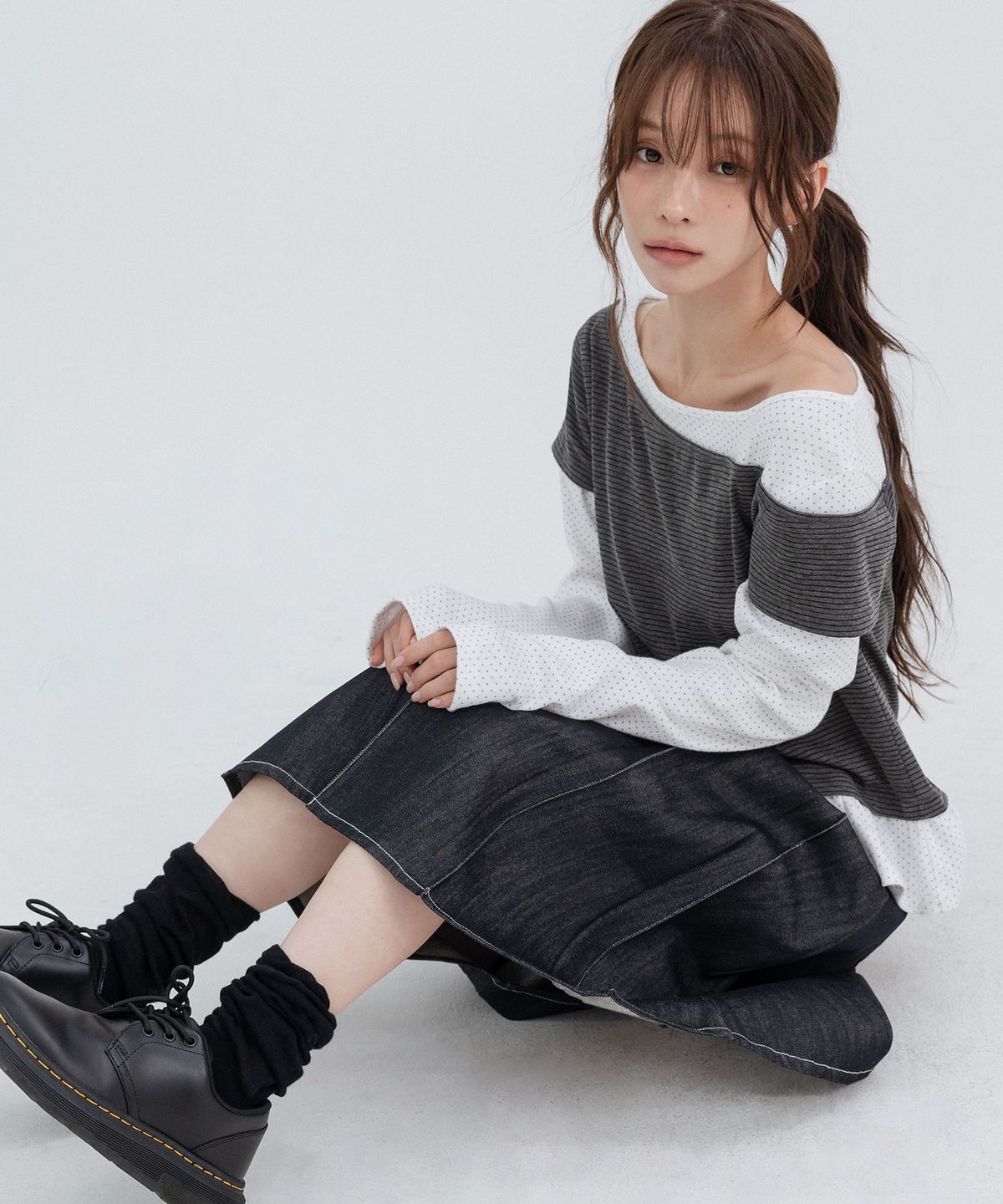 하이스쿨디스코(HIGH SCHOOL DISCO) 데님 버터플라이 스커트_네이비