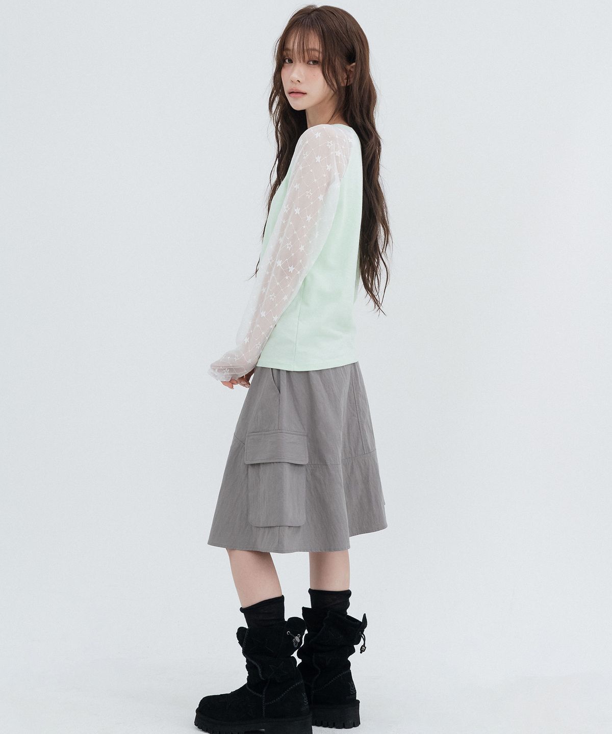 하이스쿨디스코(HIGH SCHOOL DISCO) 카고 미디스커트_그레이