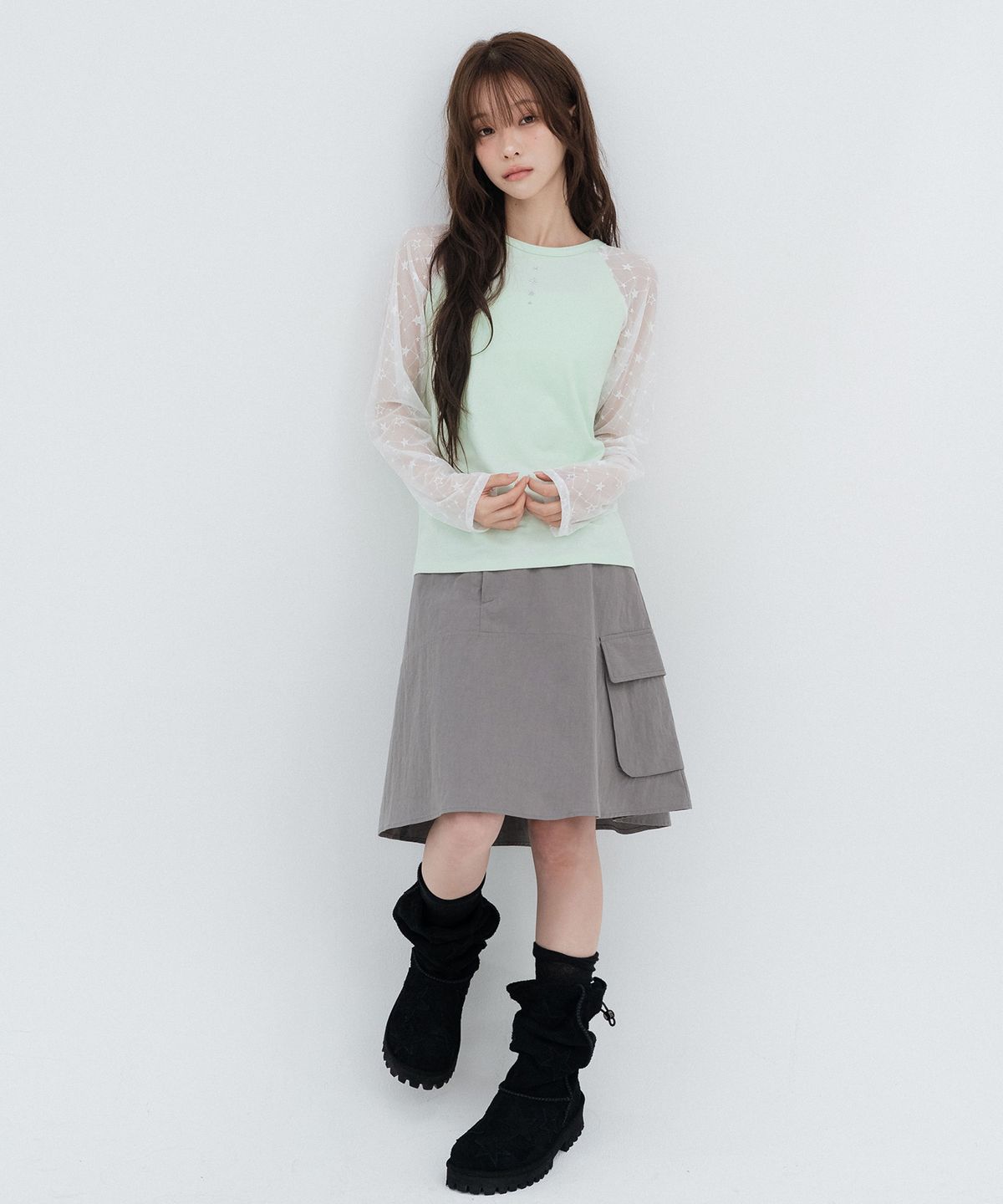 하이스쿨디스코(HIGH SCHOOL DISCO) 카고 미디스커트_그레이