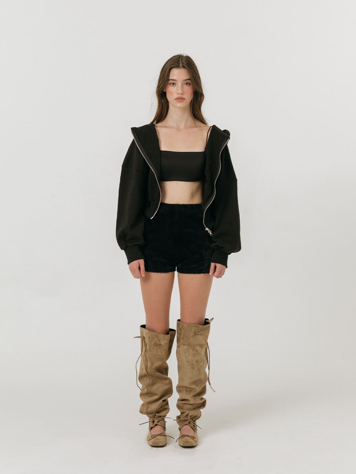 모이페어(MOIFAIRE) LACE STRING HOODIE ZIP-UP / BLACK