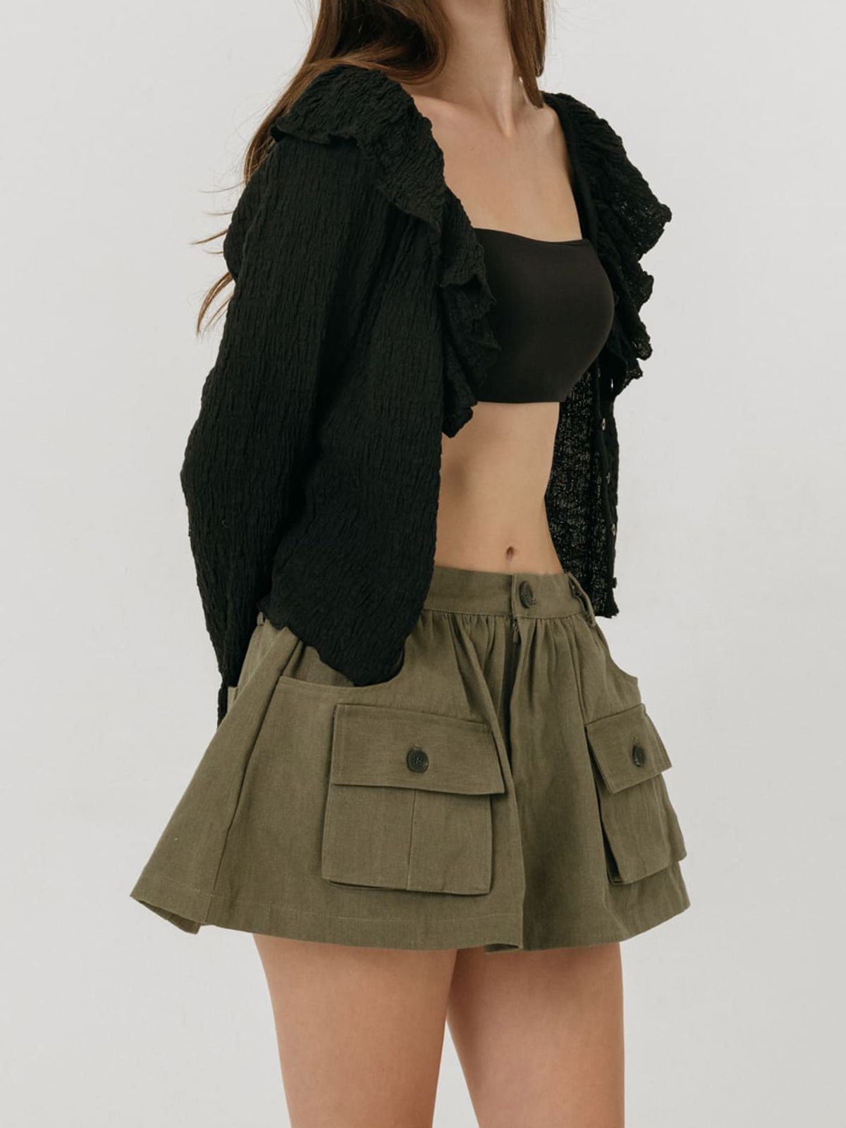 모이페어(MOIFAIRE) CRINKLE FRILL CARDIGAN / BLACK