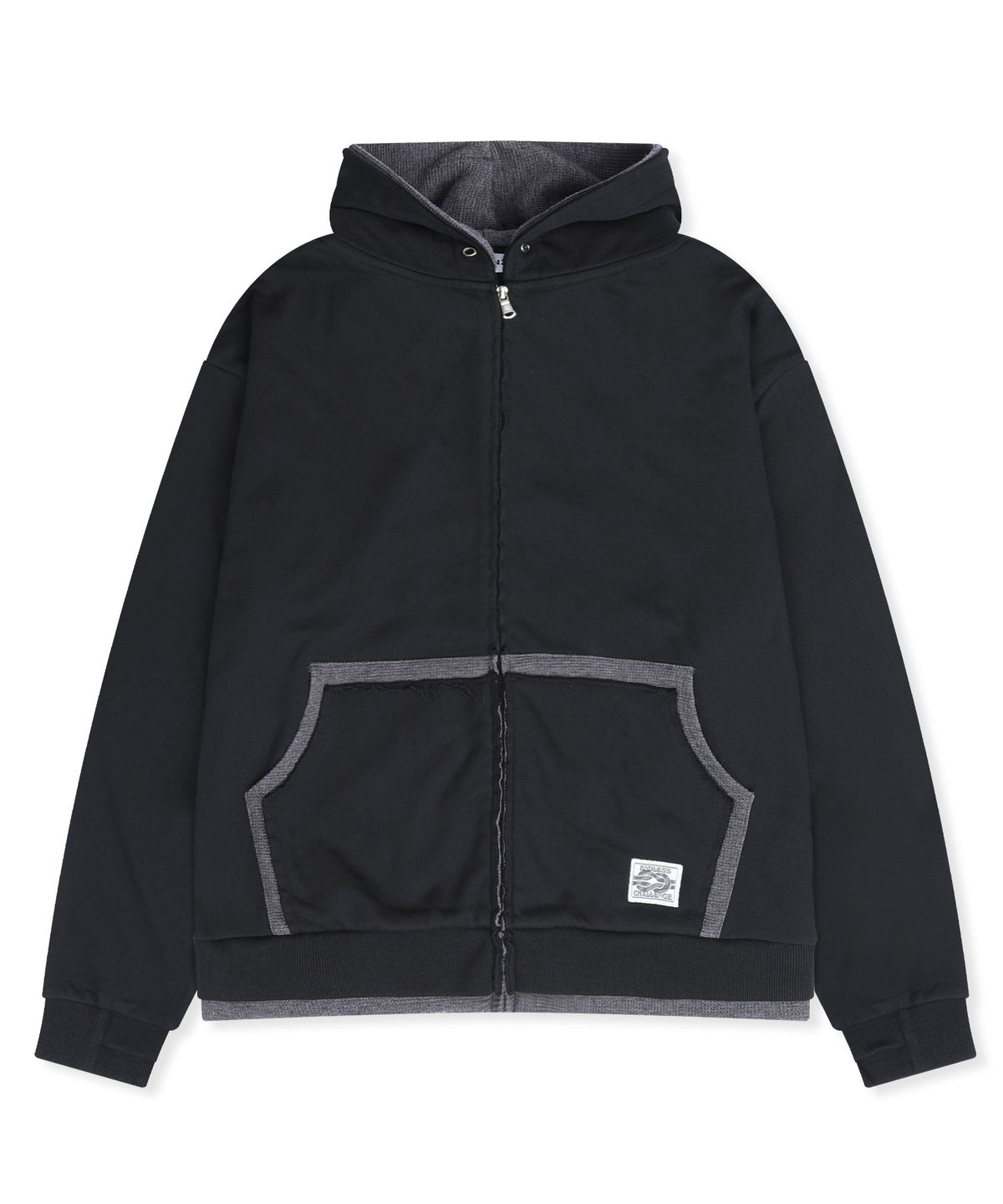 엑스톤즈(XTONZ) XTT169 핑거홀 와플 레이어드 크롭 후드 집업 (BLACK)