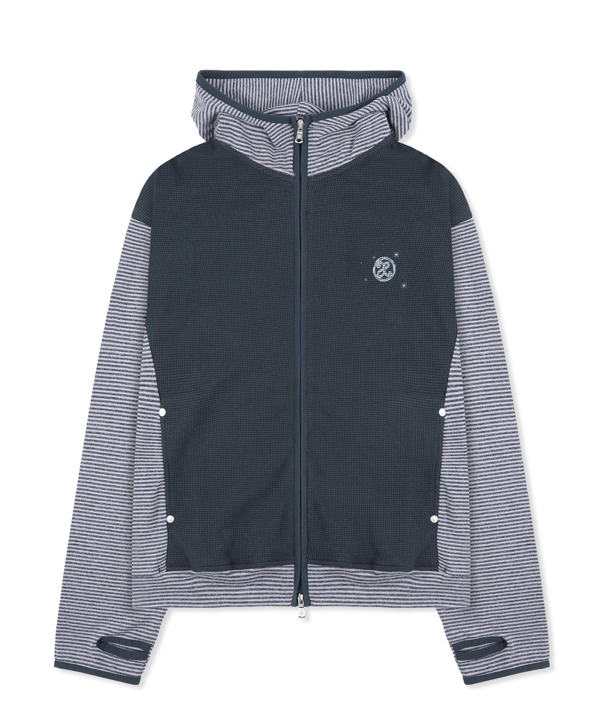 엑스톤즈(XTONZ) XTT171 스트라이프 믹스 와플 하이넥 크롭 후드 집업 (NAVY)