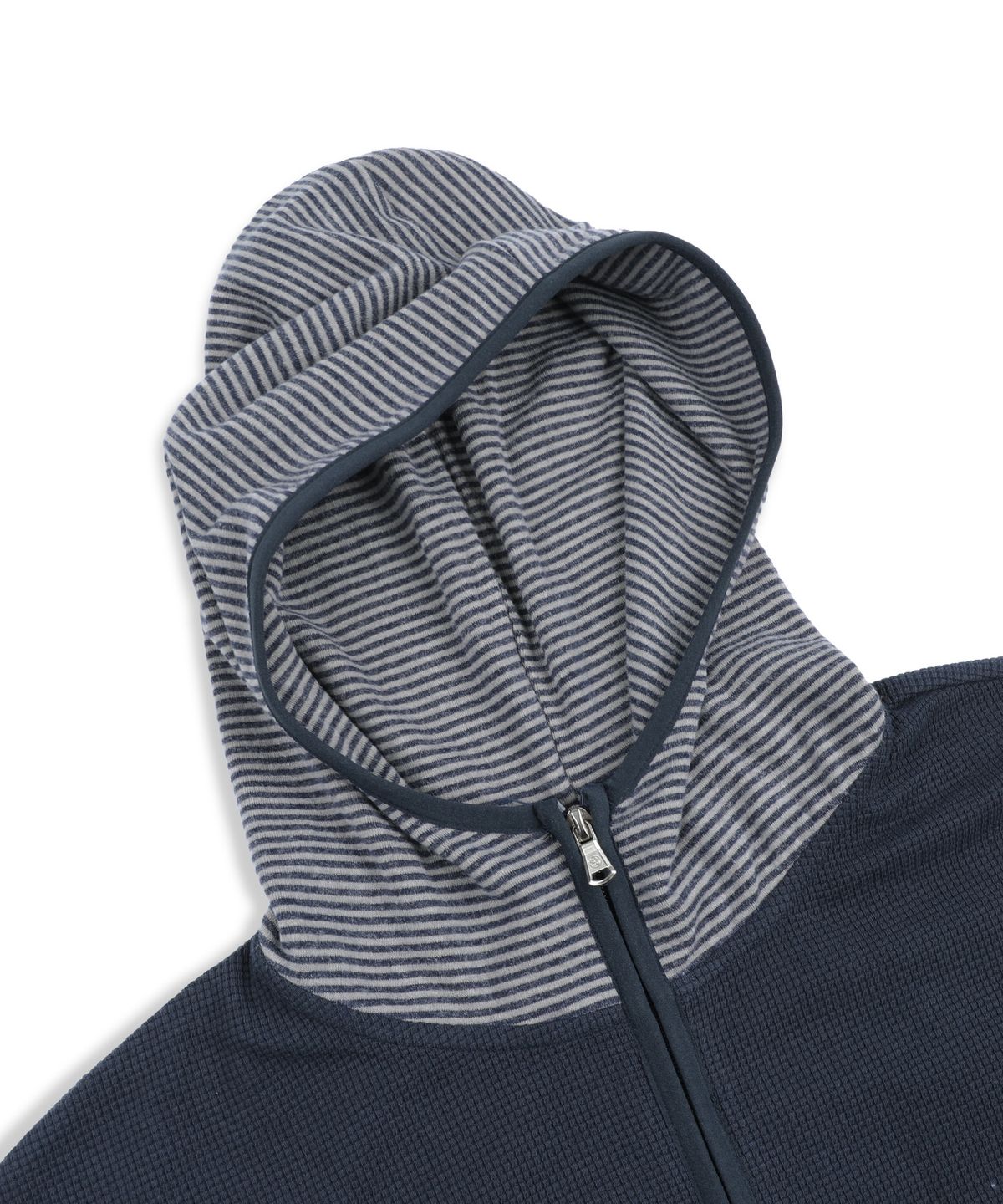 엑스톤즈(XTONZ) XTT171 스트라이프 믹스 와플 하이넥 크롭 후드 집업 (NAVY)