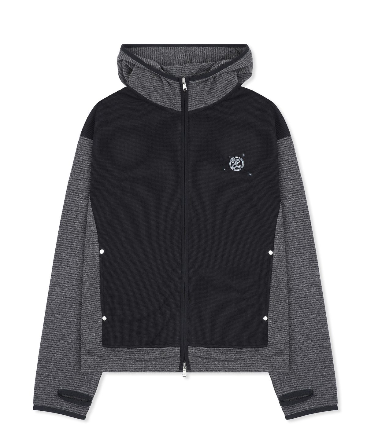 엑스톤즈(XTONZ) XTT171 스트라이프 믹스 와플 하이넥 크롭 후드 집업 (BLACK)