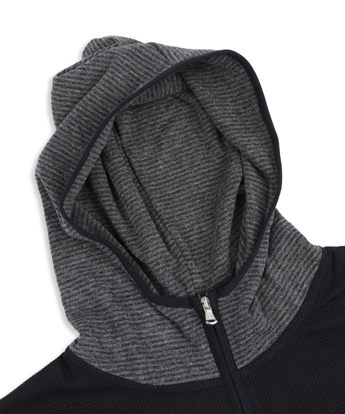 엑스톤즈(XTONZ) XTT171 스트라이프 믹스 와플 하이넥 크롭 후드 집업 (BLACK)