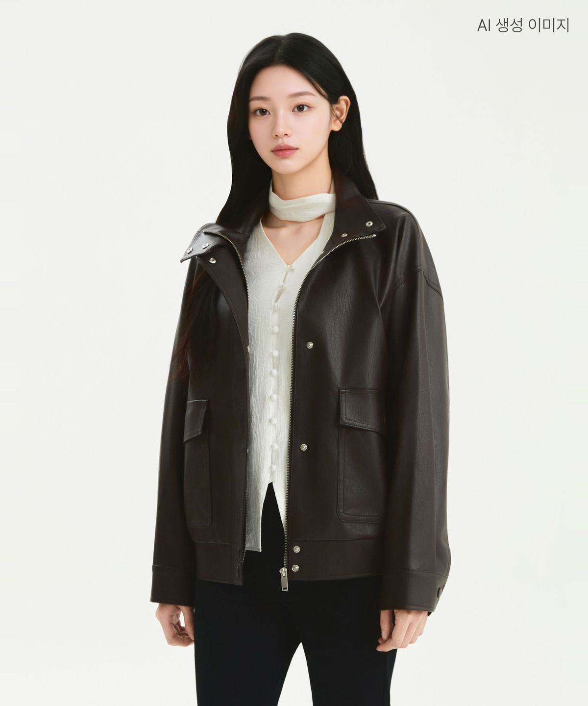 로엠(ROEM) 하이넥 오버핏 페이크 레더 자켓 RMJKG49R11