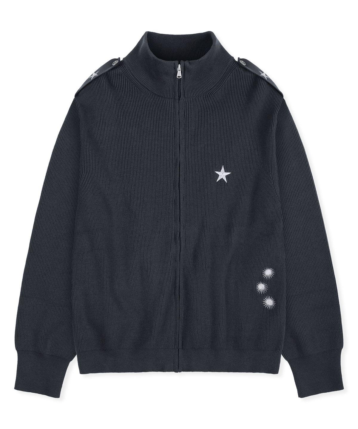 엑스톤즈(XTONZ) XTK183 숄더 탭 하이넥 크롭 니트 집업 (BLACK)