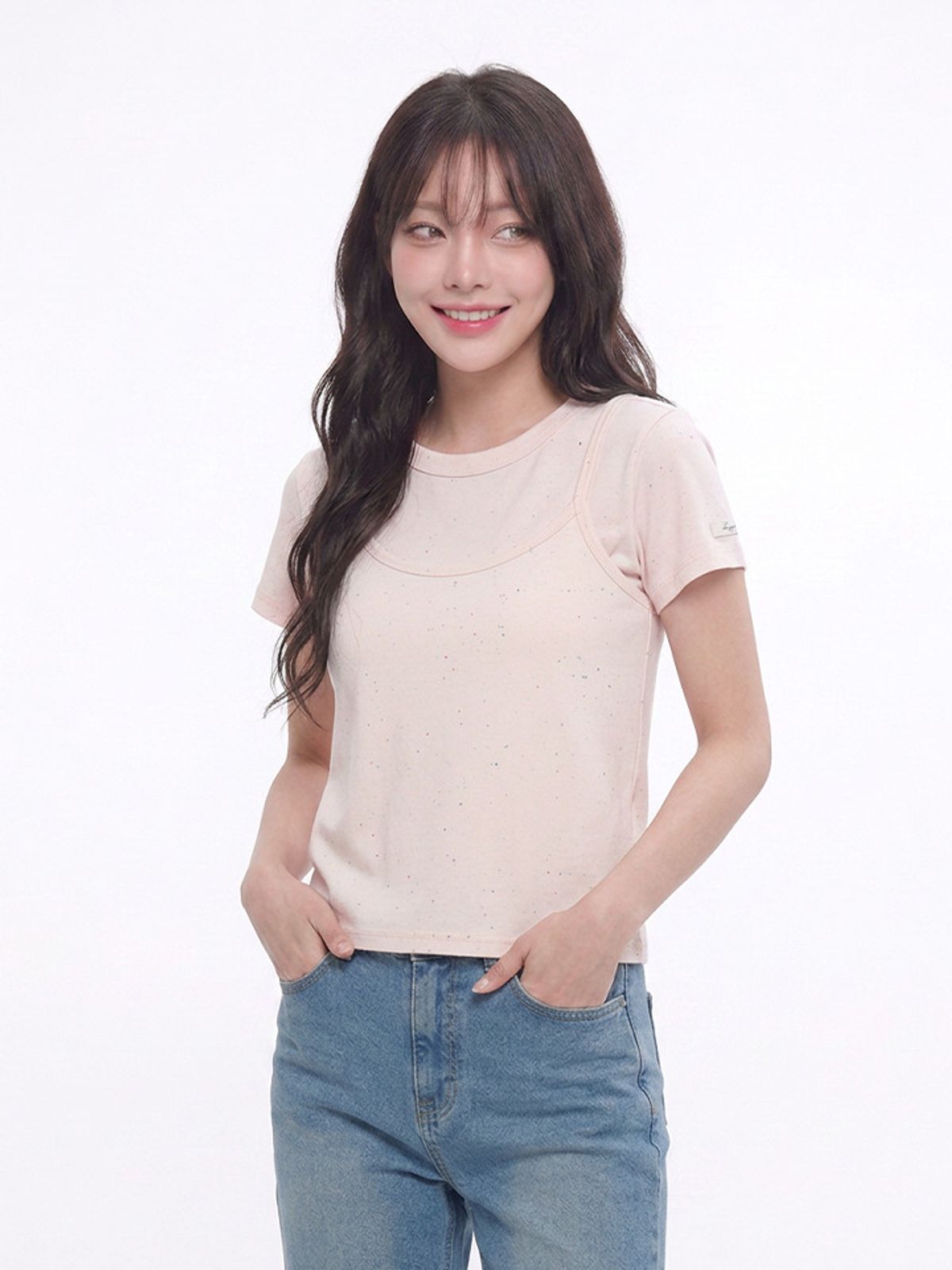 행텐(HANGTEN) 여성 플라워 닷 레이어드 반팔 티셔츠_511(10580-131-618-69)