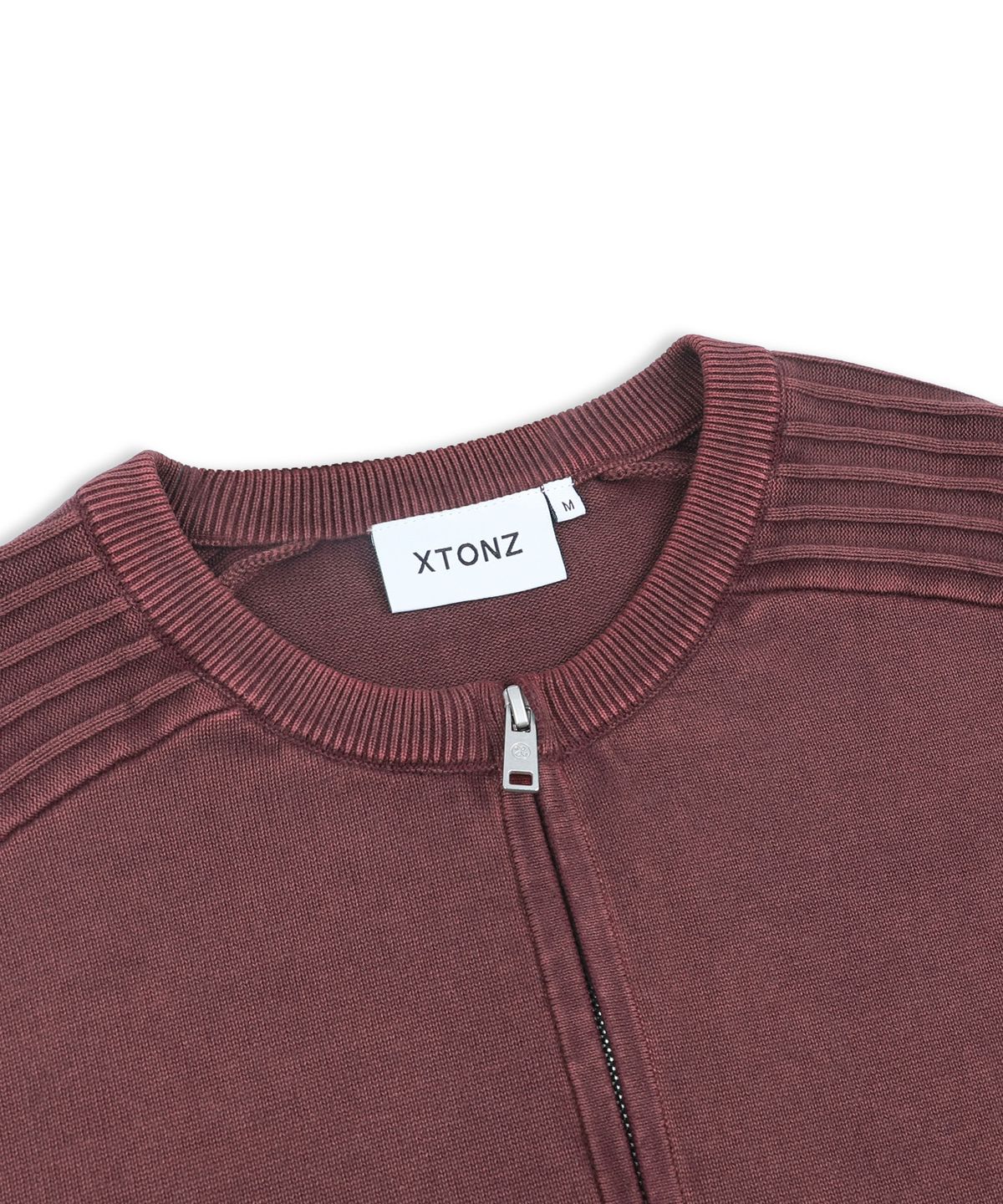 엑스톤즈(XTONZ) XTK184 슬림핏 빈티지 워싱 니트 집업 (BURGUNDY)