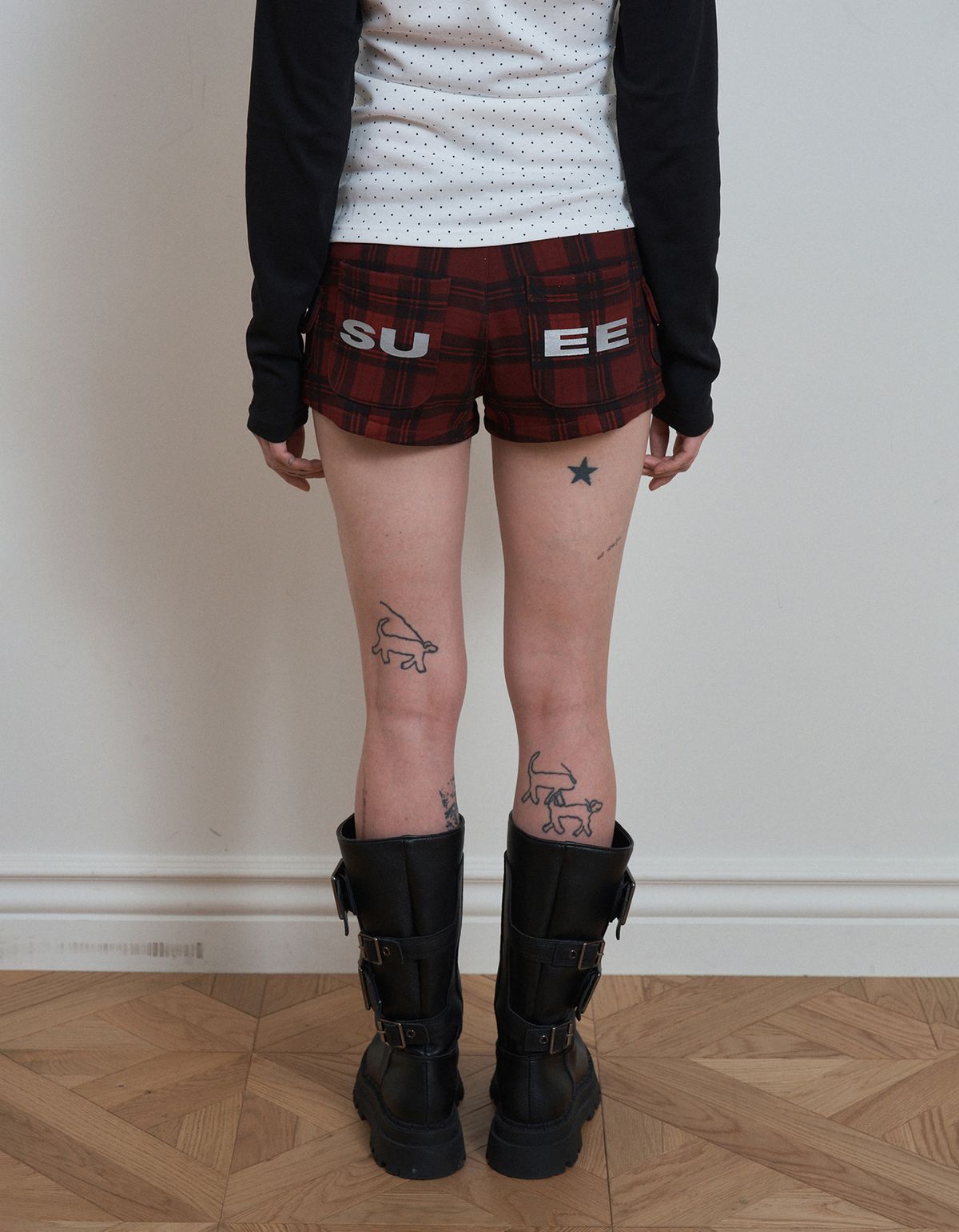 셋업이엑스이(SETUP-EXE) CHECK LOGO POCKET SHORTS / RED